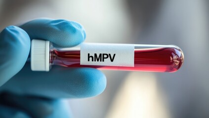 Obraz premium A hand in a blue glove holds a test tube labeled hMPV, containing blood. This is part of ongoing research on metapneumovirus in China during 2025