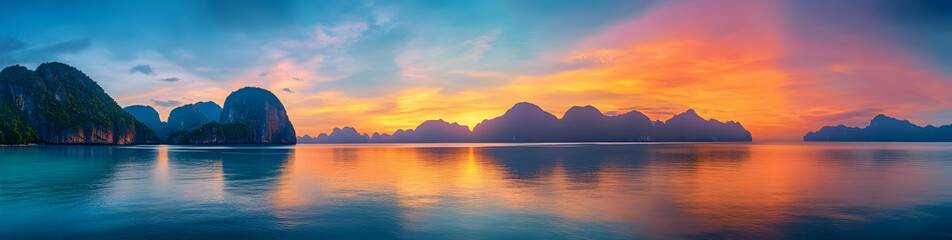 A panoramic view of the sunset over the sea, with mountains in the background and reflections on the calm waters