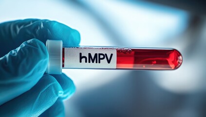 Obraz premium A hand in a blue glove holds a test tube labeled hMPV, containing blood. This is part of ongoing research on metapneumovirus in China during 2025
