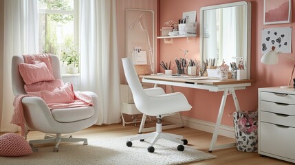 Cozy home office setup with pink accents and natural light