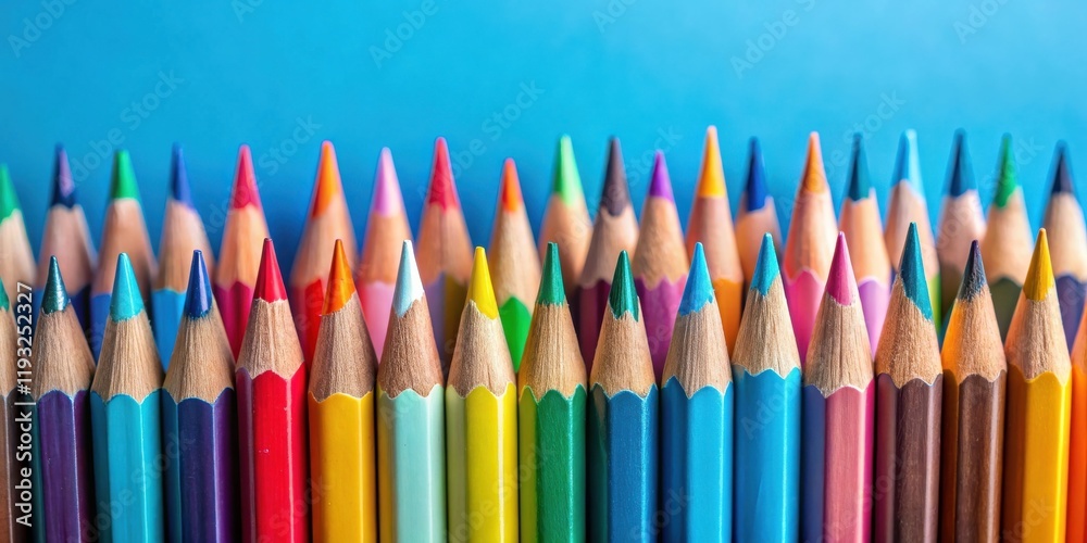 Poster A vibrant collection of sharpened colored pencils arranged in a neat row against a bright blue background