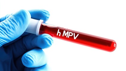 Fototapeta premium A hand in a blue glove holds a test tube labeled hMPV, containing blood. This is part of ongoing research on metapneumovirus in China during 2025