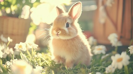 Fototapeta premium Adorable Bunny Sitting in a Field of Flowers with Soft Light