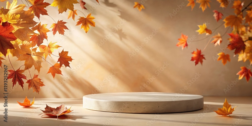 Poster Autumnal Display  Stone Platform with Falling Leaves and Sunlight