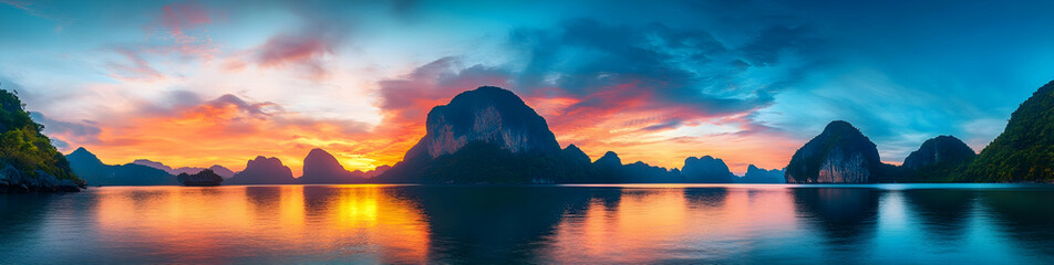 Fototapeta premium A panoramic view of the sunset over the sea, with mountains in the background and reflections on the calm waters