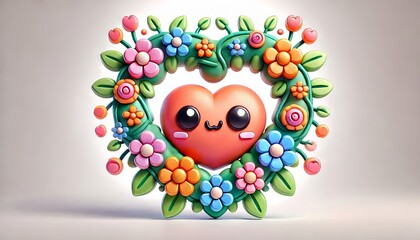 Fototapeta premium smooth d icon render with rounded edges raytracing of kawaii anime heart shaped wreath made of flowers,