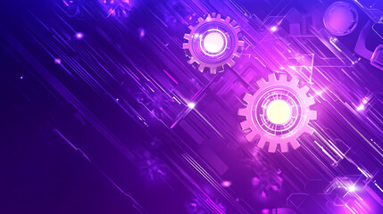 Obraz premium A close-up of a circuit board with gears overlaid, illuminated by purple light, symbolizing the integration of mechanical and digital technology.