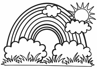 Hand-Drawn Rainbow with Sun and Clouds Illustration