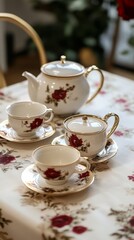 Teapot on the table complete with tea cups
