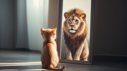 Small orange kitten sits back to camera, in front of mirror, in reflection mighty lion. Little redhead cat sees himself as big lion. High self-esteem, expectations concept.