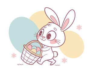 cute cartoon bunny carrying a basket of colorful easter eggs, perfect for spring and holiday-themed designs, children's illustrations, and festive decorations
