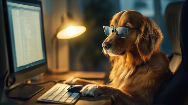 Golden retriever in glasses sits computer desk and work. Funny dog focused office worker, humor, joke. Remote home freelancer. Overworked tired pet earns money for food, toys. Late evening or night.