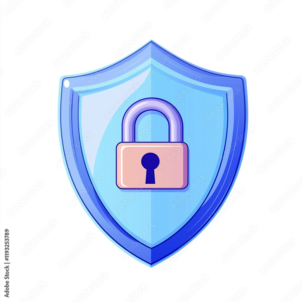 Poster blue shield protecting closed padlock showing security concept