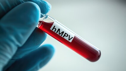 Obraz premium A hand in a blue glove holds a test tube labeled hMPV, containing blood. This is part of ongoing research on metapneumovirus in China during 2025
