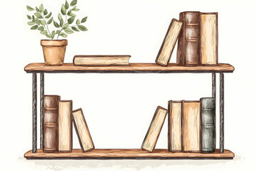Wooden Bookshelf with Green Plant and Vintage Books Display