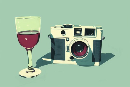 Vintage camera and wine glass on green background