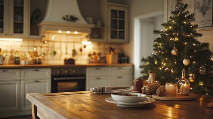 Kitchen scene with a wooden table and a Christmas tree s 250 c