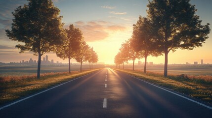 Fototapeta premium Serene Roadway Under Beautiful Sunrise with Cityscape in Background