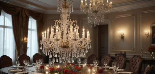 Obraz premium A stunning crystal chandelier hangs above a formal dinner table, upscale, chandelier, refined