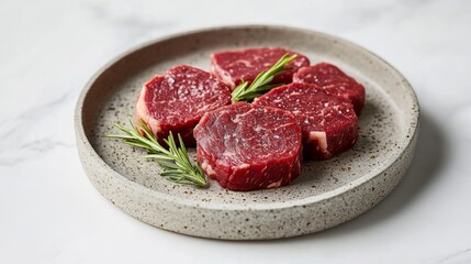 A close-up of fresh beef slices on a modern stoneware plate, top down view, plain white background