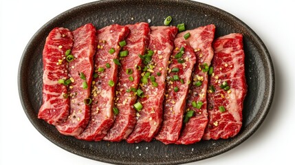 A close-up of fresh beef slices on a modern stoneware plate, top down view, plain white background