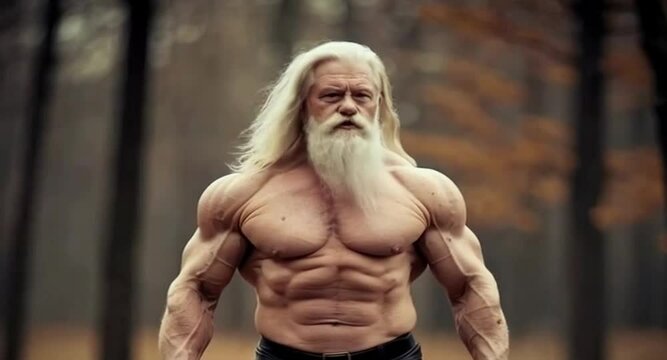 Muscular old man flexing his muscles and six packs while giving hard advices on life, wise bodybuilder man with gray white hair and beard talking, speaking motivation in the jungle woods generative AI