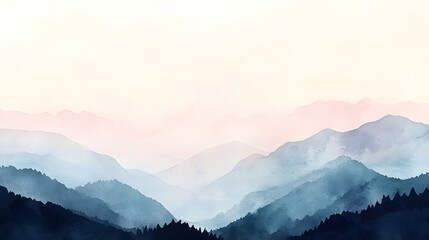 Serene Watercolor Painting of Misty Mountains