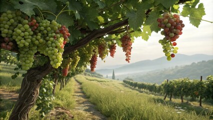 A sprawling vine loaded with clusters of ripe green and red grapes in a lush landscape, vine, plant life, harvest time, green, ripe