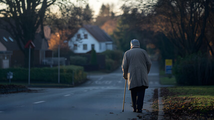 Elderly person walking with cane, symbolizing resilience and determination in the face of aging. Embracing life's journey with grace and perseverance.