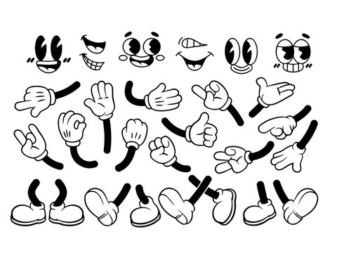 Vintage hand, foot and face. Vector set Comic groovy hands in gloves, vintage legs and foot in shoes and funny emotion black and white. Different poses arm and feet. Body parts mascot. 