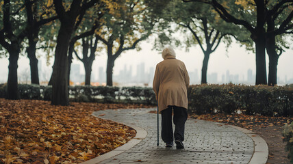 Fototapeta premium Elderly person walking with cane, symbolizing resilience and determination in the face of aging. Embracing life's journey with grace and perseverance.