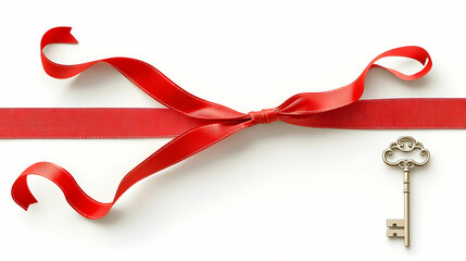 Elegant Vintage Key and Red Ribbon on White Background