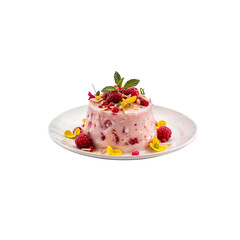 Pink Raspberry Dessert: A delicate and elegant pink dessert topped with fresh raspberries, edible flowers, and a touch of mint.  The dessert is arranged on a white plate.