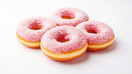 Freshly Baked Pink Frosted Donuts with Sprinkles on a Bright White Background Perfect for Sweet Treats and Dessert Themes