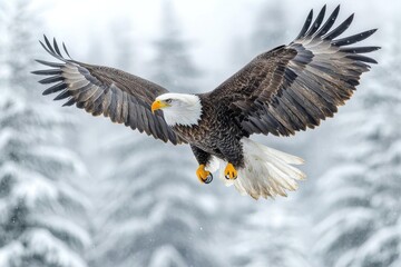Fototapeta premium bald eagle perched majestically on a branch, isolated against a pure white background, showcasing its distinctive features and fierce gaze, symbolizing strength and freedom in nature