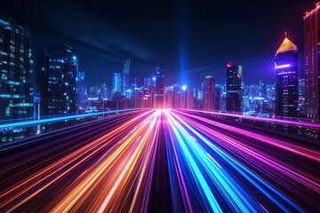 Colorful streaks of light illuminate a highway leading into a vibrant cityscape at night, showcasing urban energy and movement