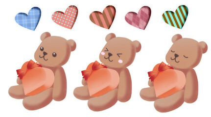 ハート型のプレゼントを持ったテディベアとぷっくりハート