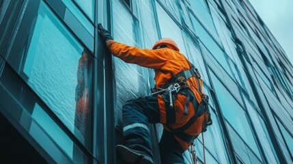 A professional construction worker carefully fitting insulation panels on a multi-story buildin