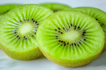 Fototapeta premium Freshly Cut Slices of Vibrant Green Kiwi Fruit on Clean Surface