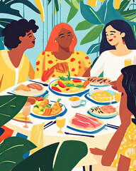 A group of friends of different ethnicities sharing a meal at a cozy café, with vibrant dishes on the table 