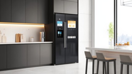 A contemporary smart refrigerator with a touchscreen interface in a modern kitchen, representing advancements in home convenience and tech integration, Kitchen scene