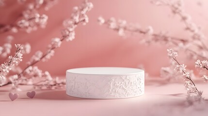 Elegant White Display Stand Surrounded by Pink Cherry Blossoms 