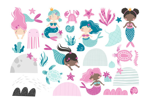 Vector set with cute mermaids. Children's illustration of girls princess mermaids. Sea. Ocean. Turtle, stingray, jellyfish, crab, shells, seaweed, coral. Underwater landscape, the bottom of the sea.