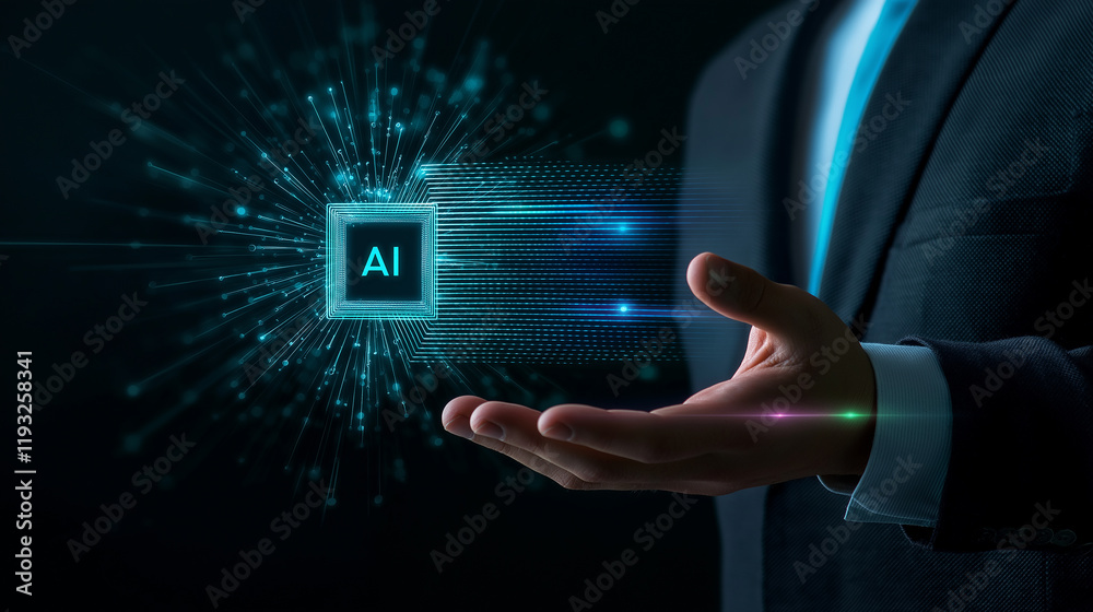 Poster businessman holding artificial intelligence chip generating futuristic data flow