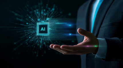 Businessman holding artificial intelligence chip generating futuristic data flow