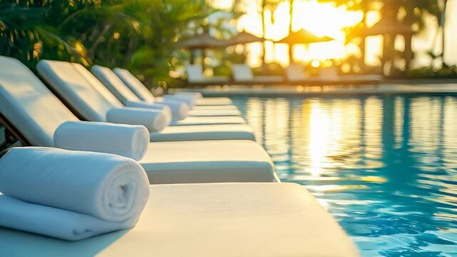 A close-up of a modern swimming Pool surrounded by tropical plants and Sun loungers under a sunny sky.