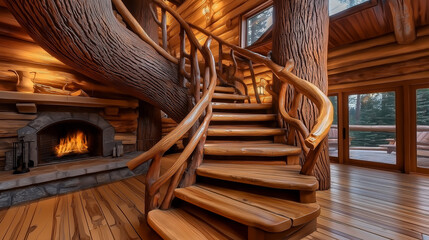 Luxurious wooden spiral staircase illuminating rustic log cabin interior