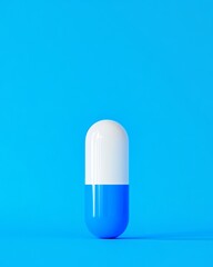 Obraz premium Single capsule pill on blue background. Healthcare concept