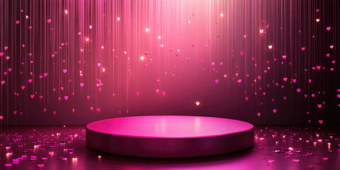 A festive podium setup featuring a circular stage covered in red hearts. Soft light beams create a romantic atmosphere, perfect for Valentine's Day events, parties, or product presentations