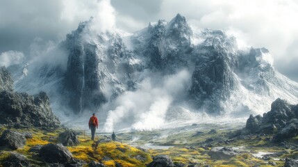Naklejka premium Majestic Mountain Landscape: A Hiker's Journey Through a Breathtaking Scene